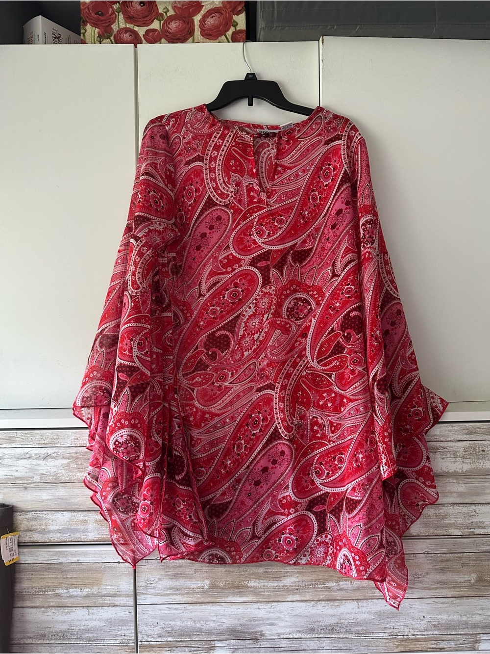 🩷 Unique Spectrum Paisley Kimono Sleeve Tunic Blouse Large Sheer Boho